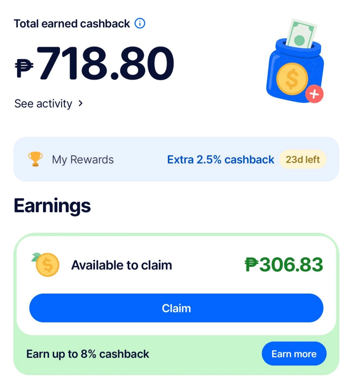The One app showing total cashback earned and an amount available to claim, with a Claim button