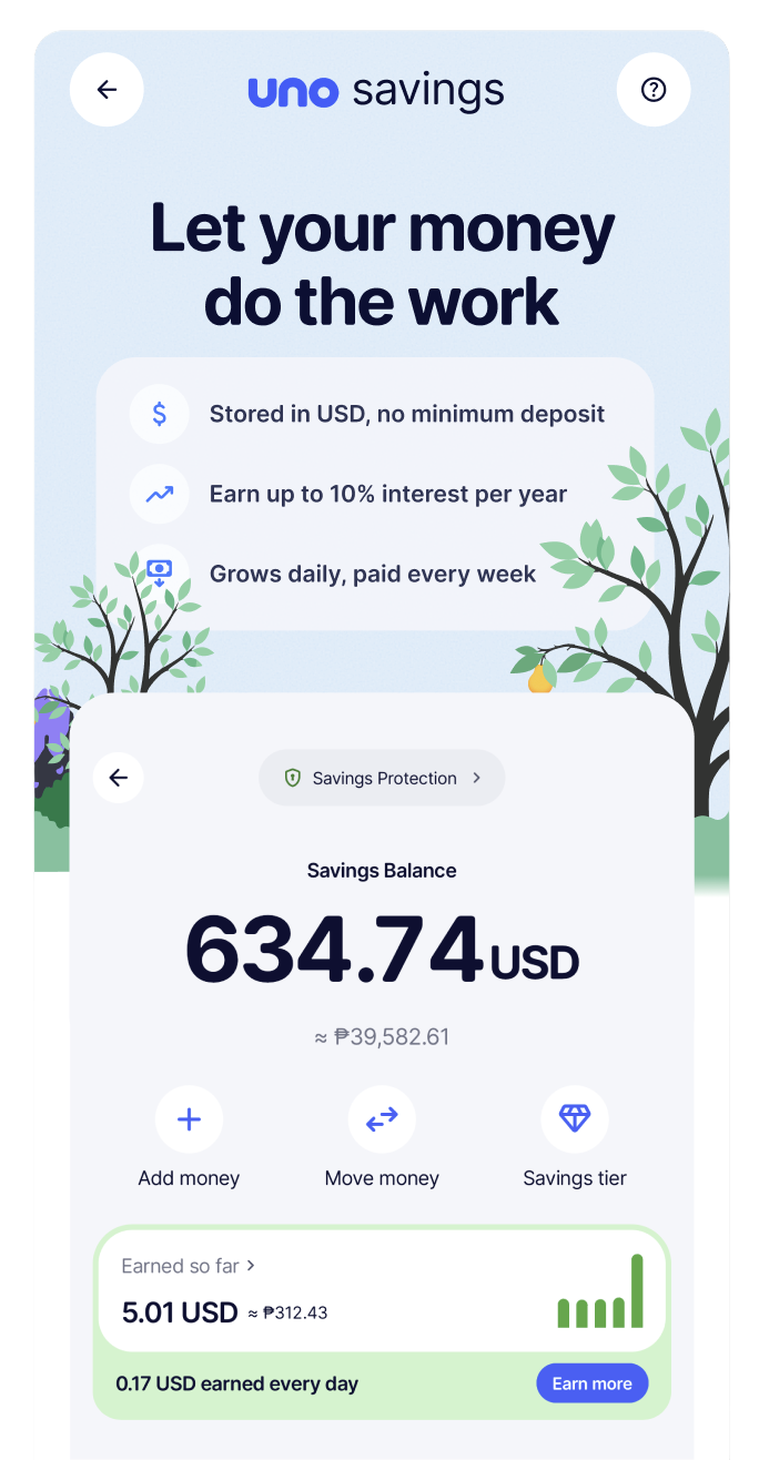 La pantalla de ahorros de Uno con el saldo y los intereses ganados