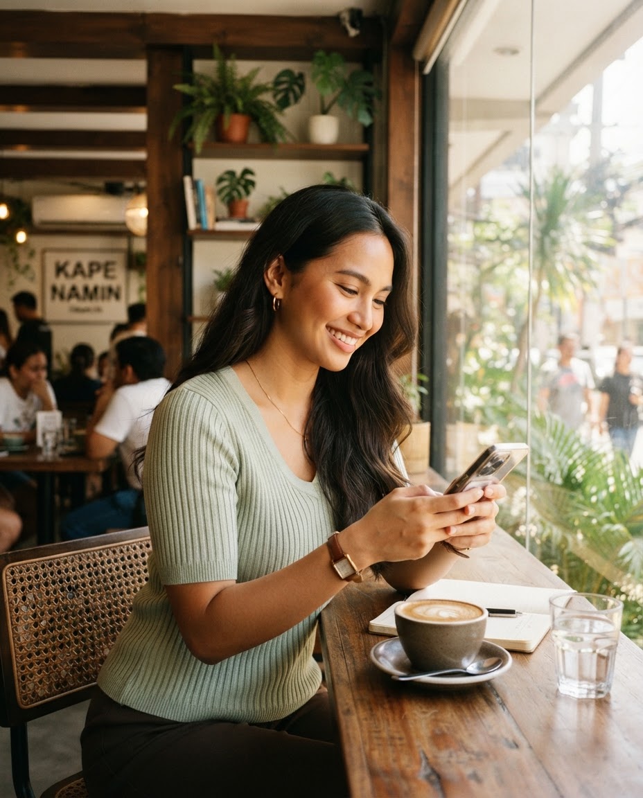 A woman checking her phone over coffee in a café